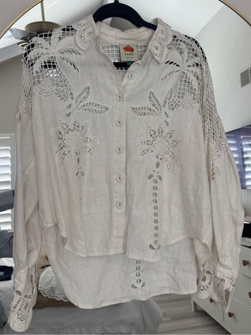 FARM Rio White Embroidered Eyelet Button-Front Top